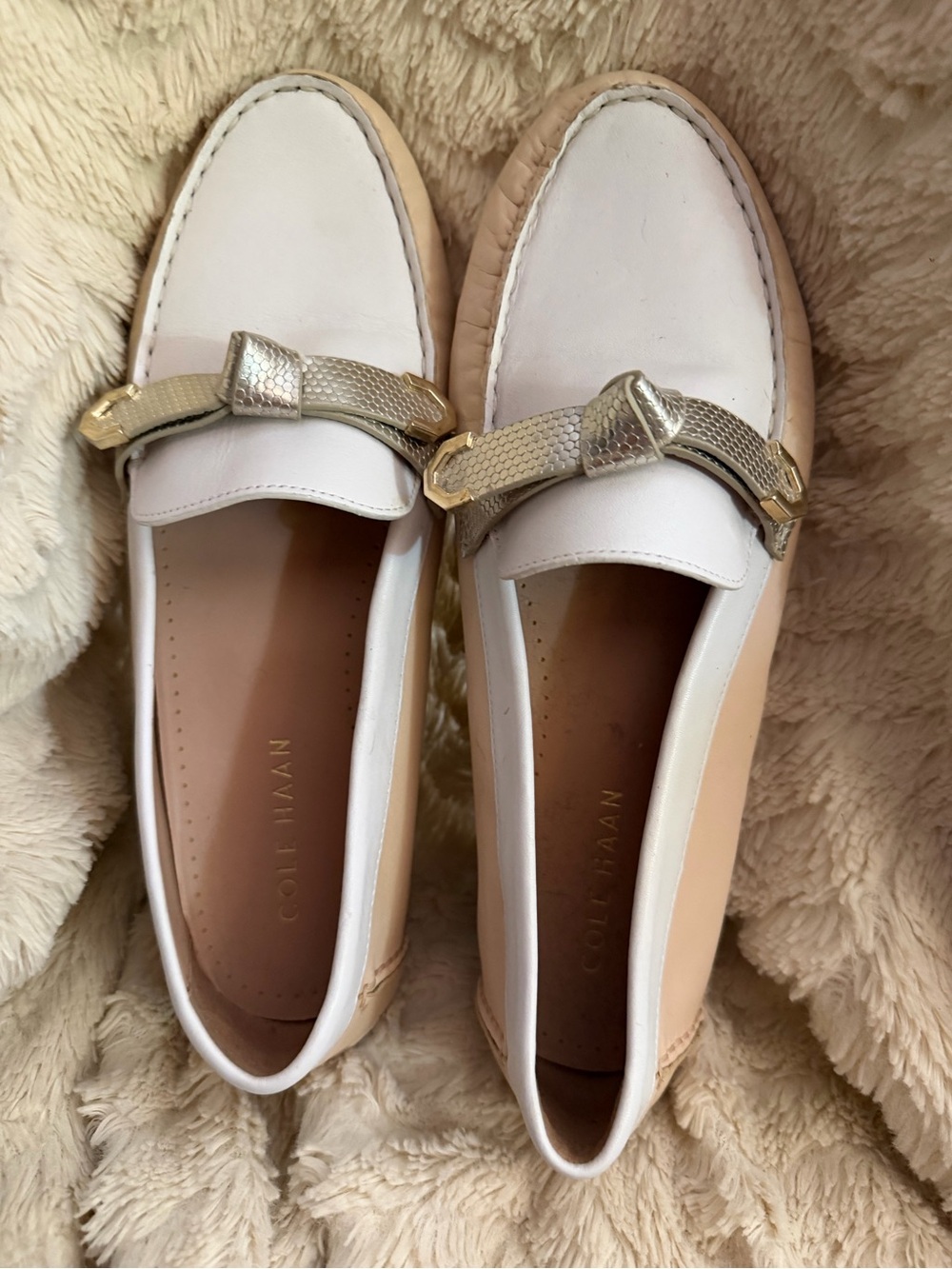 Cole Haan Two-Tone White and Beige Loafers with Gold Accent